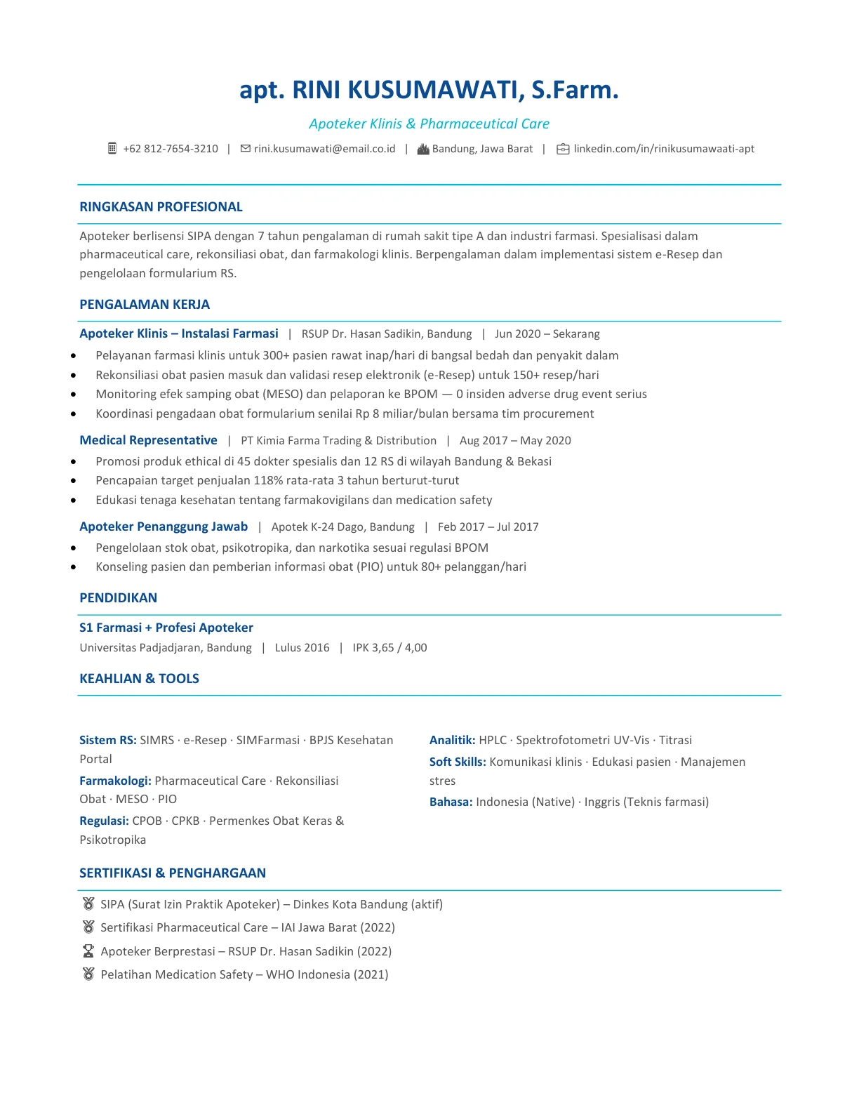 template cv apoteker farmasi indonesia profesional gratis