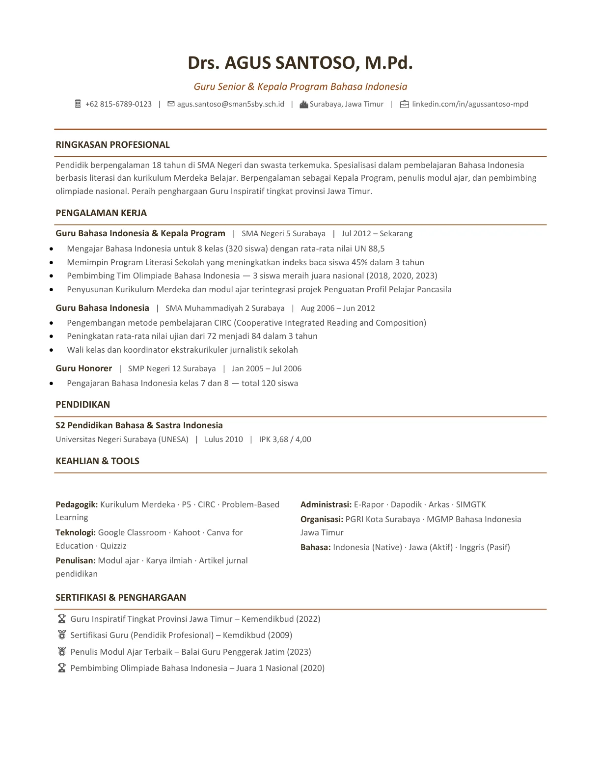template cv guru pengajar indonesia profesional gratis